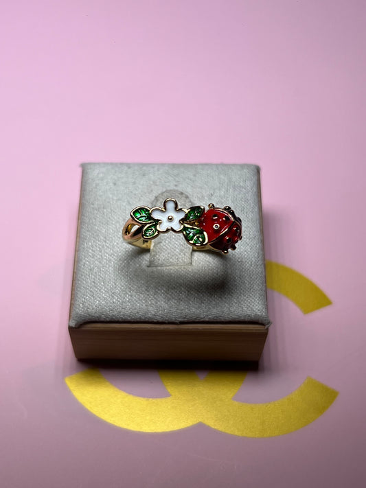 Ladybug Flower Adjustable Ring