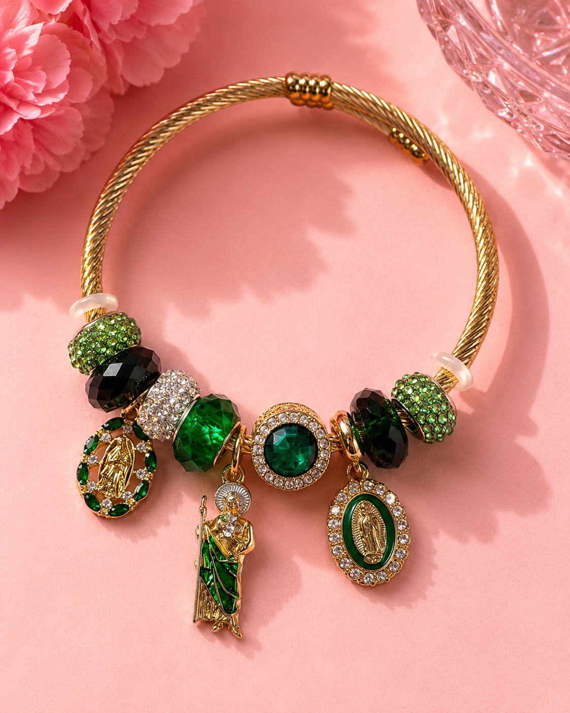 Saint Jude & Guadalupe Emerald Faith Charm Bracelet