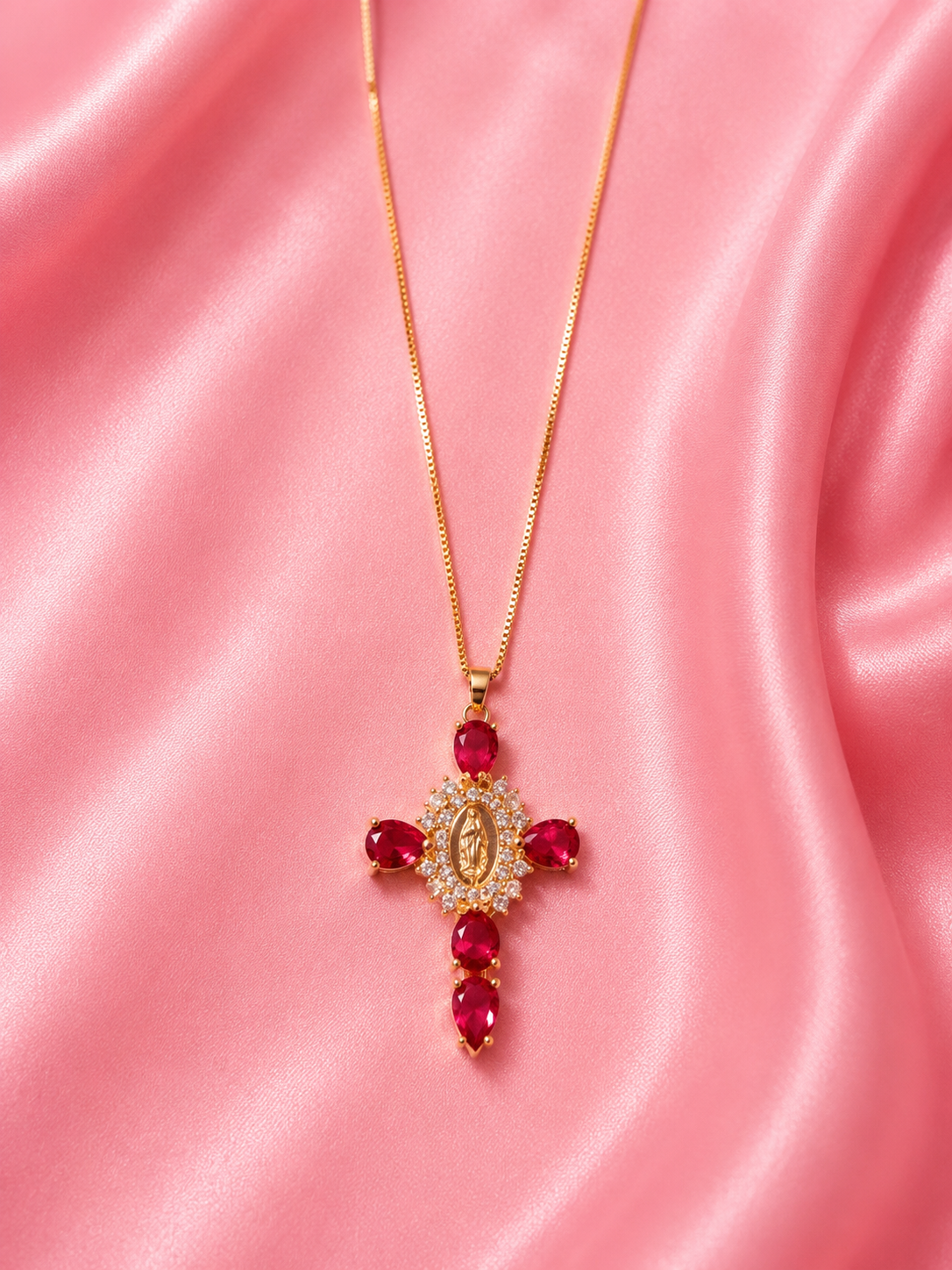 Virgin Mary Ruby Cross Necklace